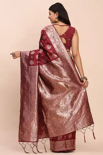Maroon silk blend banarasi style saree with zari weaving