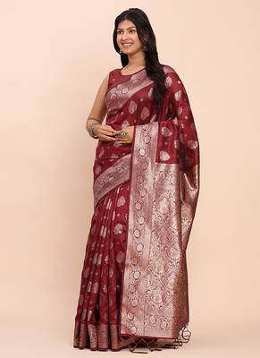 Maroon silk blend banarasi style saree with zari weaving 3