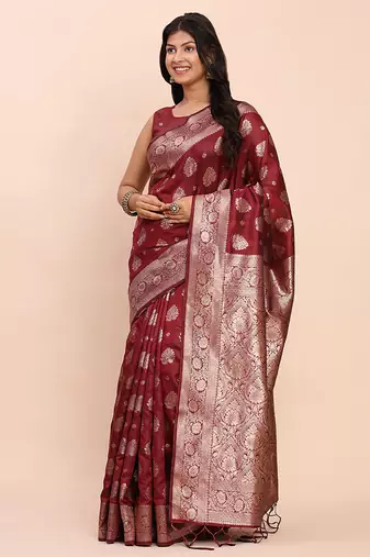 Maroon silk blend banarasi style saree with zari weaving