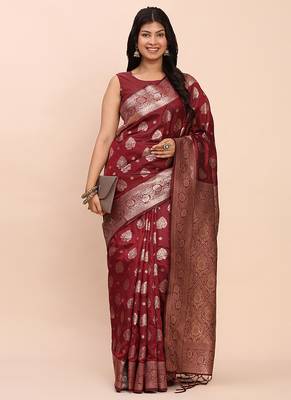 Maroon silk blend banarasi style saree with zari weaving 4