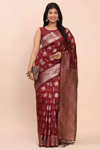 Maroon silk blend banarasi style saree with zari weaving