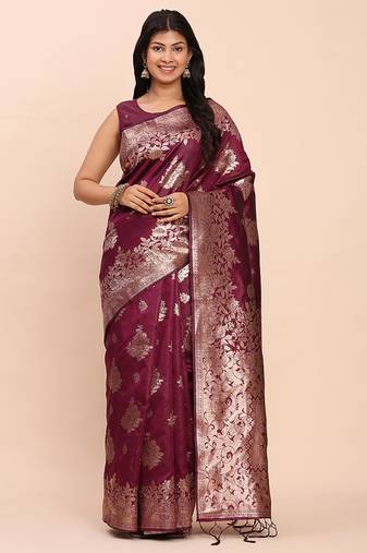 Wine silk blend banarasi style saree with zari weaving
