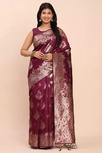 Wine silk blend banarasi style saree with zari weaving