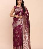Wine silk blend banarasi style saree with zari weaving