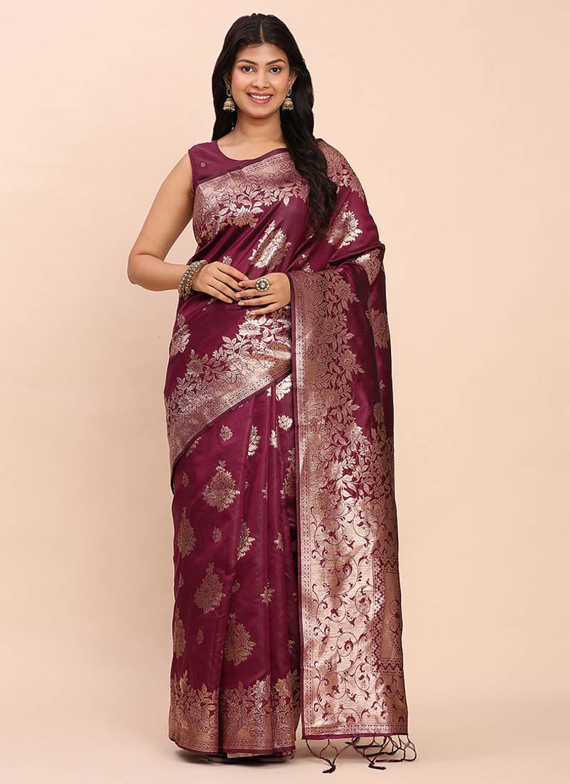 Wine silk blend banarasi style saree with zari weaving