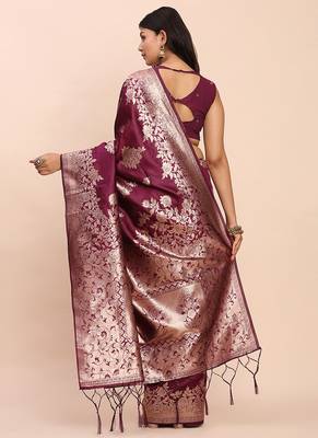Wine silk blend banarasi style saree with zari weaving 2