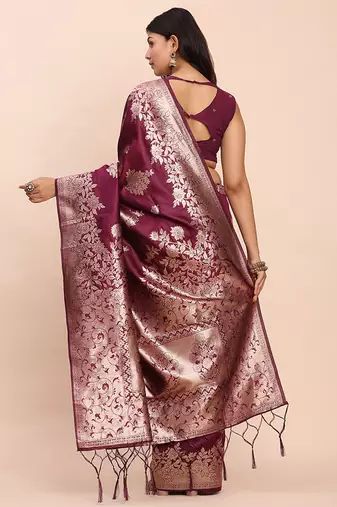 Wine silk blend banarasi style saree with zari weaving