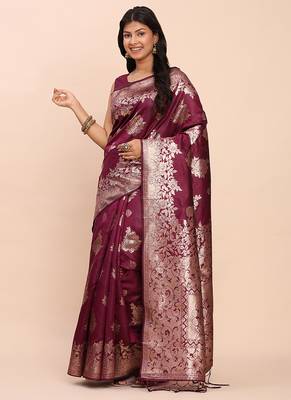 Wine silk blend banarasi style saree with zari weaving 3