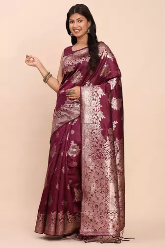 Wine silk blend banarasi style saree with zari weaving