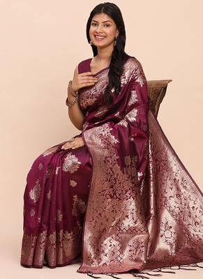 Wine silk blend banarasi style saree with zari weaving 4