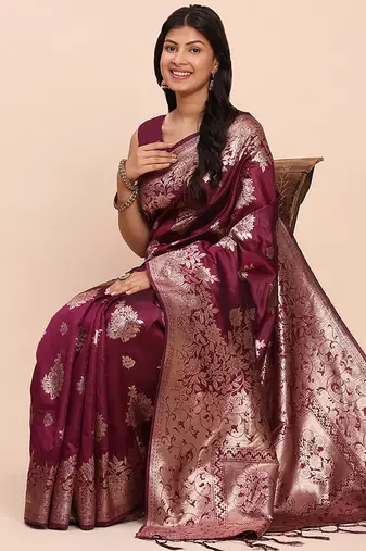 Wine silk blend banarasi style saree with zari weaving