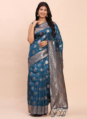 Teal blue silk blend banarasi style saree with zari weaving 1