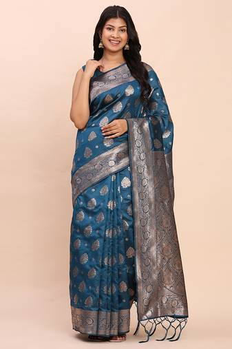Teal blue silk blend banarasi style saree with zari weaving