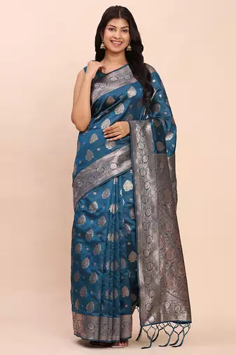 Teal blue silk blend banarasi style saree with zari weaving