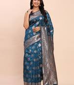 Teal blue silk blend banarasi style saree with zari weaving