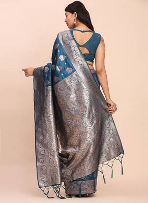 Teal blue silk blend banarasi style saree with zari weaving 2