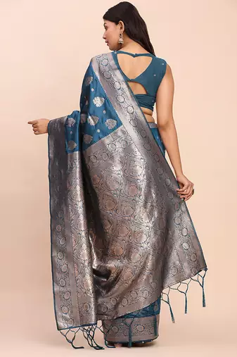 Teal blue silk blend banarasi style saree with zari weaving