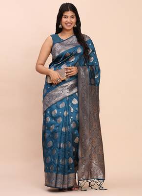 Teal blue silk blend banarasi style saree with zari weaving 3