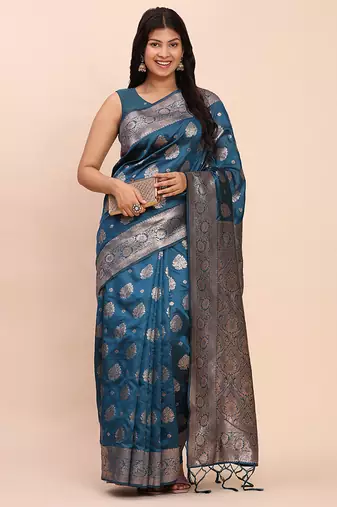 Teal blue silk blend banarasi style saree with zari weaving