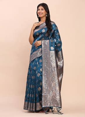 Teal blue silk blend banarasi style saree with zari weaving 4