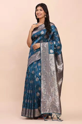 Teal blue silk blend banarasi style saree with zari weaving