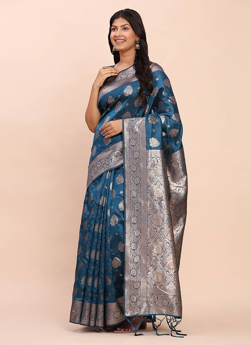 Teal blue silk blend banarasi style saree with zari weaving