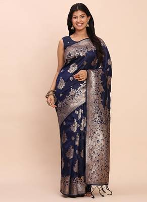 Navy blue silk blend banarasi style saree with zari weaving 1