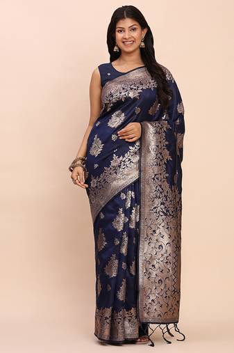 Navy blue silk blend banarasi style saree with zari weaving