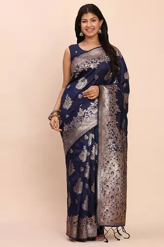 Navy blue silk blend banarasi style saree with zari weaving