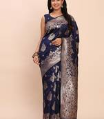 Navy blue silk blend banarasi style saree with zari weaving