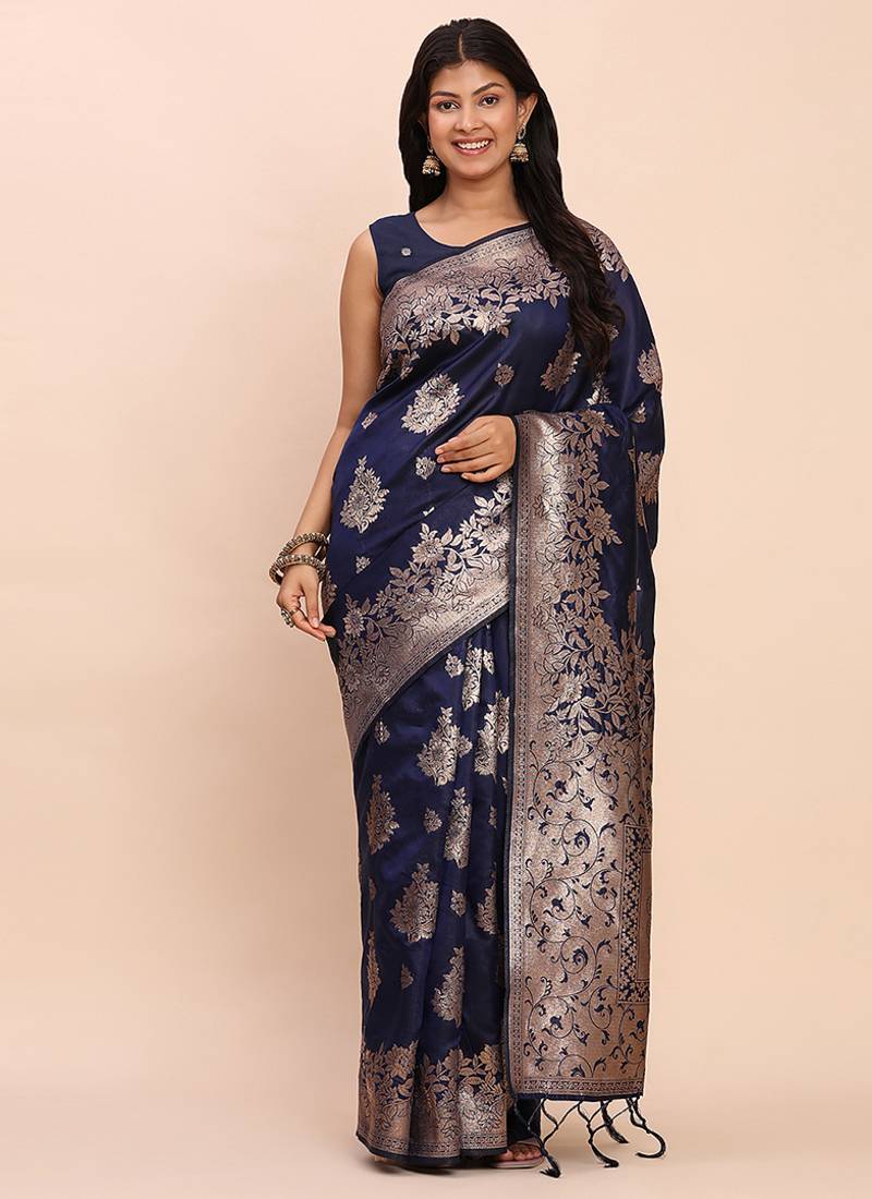 Navy blue silk blend banarasi style saree with zari weaving