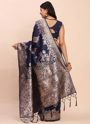 Navy blue silk blend banarasi style saree with zari weaving 2
