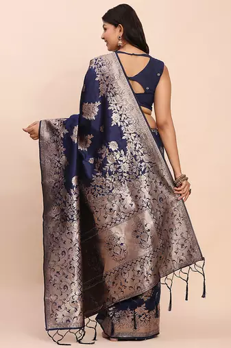 Navy blue silk blend banarasi style saree with zari weaving