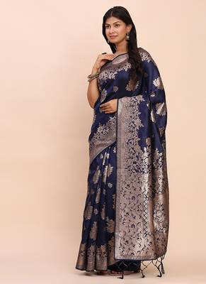 Navy blue silk blend banarasi style saree with zari weaving 3