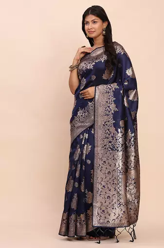 Navy blue silk blend banarasi style saree with zari weaving