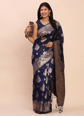Navy blue silk blend banarasi style saree with zari weaving 4