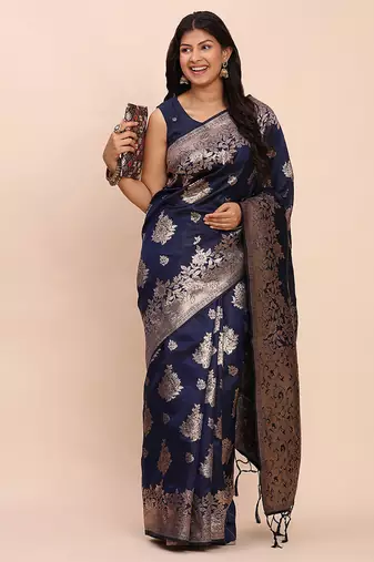 Navy blue silk blend banarasi style saree with zari weaving