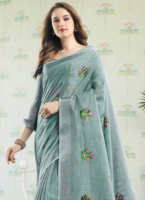 Sea green handloom linen blend saree with floral embroidery 2