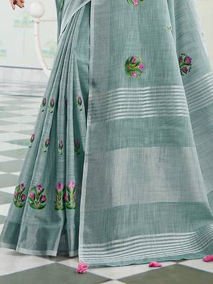 Sea green handloom linen blend saree with floral embroidery 3