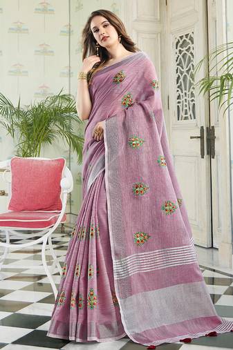 Light purple handloom linen blend saree with floral embroidery