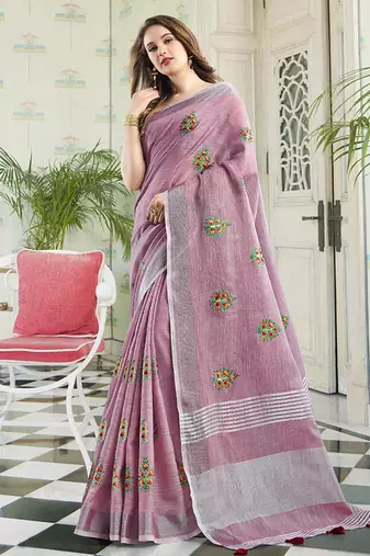Light purple handloom linen blend saree with floral embroidery