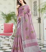 Light purple handloom linen blend saree with floral embroidery
