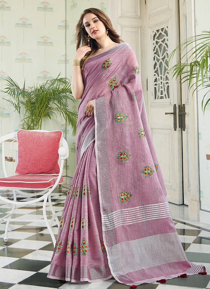 Light purple handloom linen blend saree with floral embroidery
