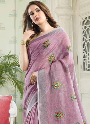 Light purple handloom linen blend saree with floral embroidery 2