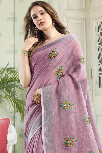 Light purple handloom linen blend saree with floral embroidery