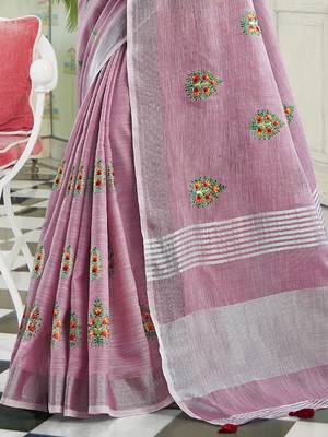 Light purple handloom linen blend saree with floral embroidery 3