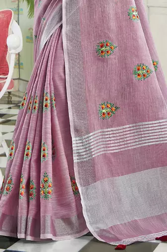 Light purple handloom linen blend saree with floral embroidery