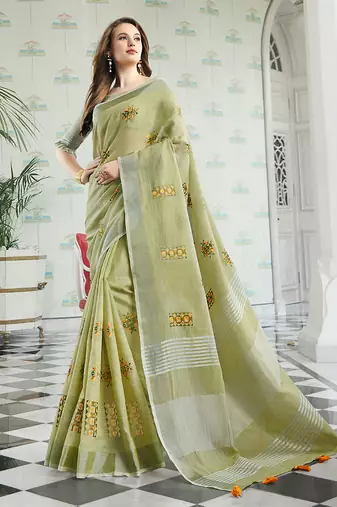 Light green handloom linen blend saree with floral embroidery