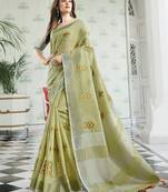 Light green handloom linen blend saree with floral embroidery