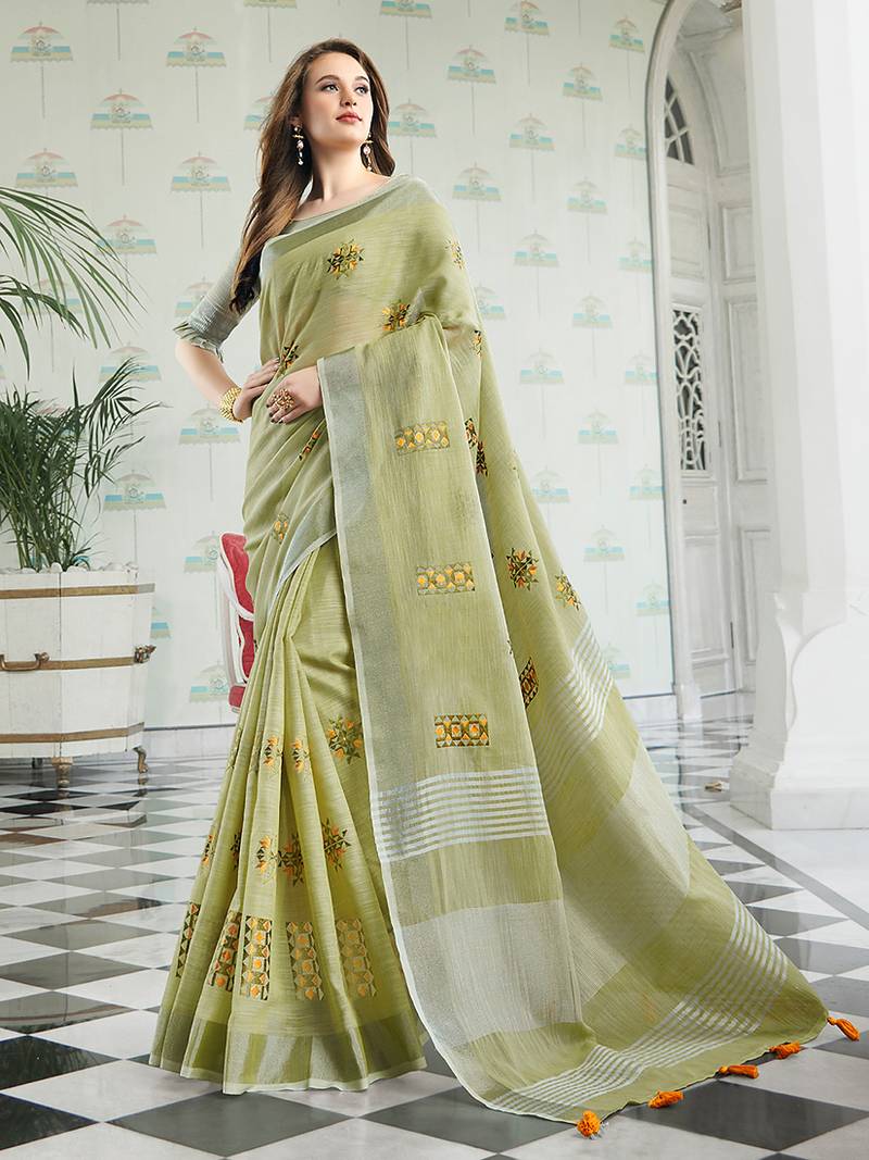 Light green handloom linen blend saree with floral embroidery